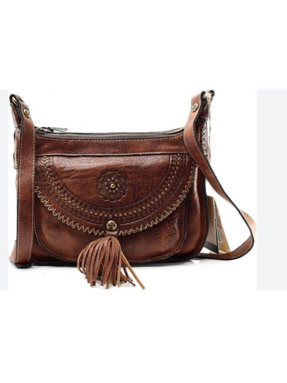 PATRICIA NASH Camila distressed leather studded crossbody + Dust bag - Brown
